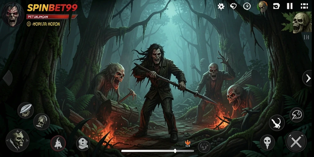 Antarmuka SPINBET99 menampilkan hutan gelap yang mencekam dan detail makhluk menyeramkan.